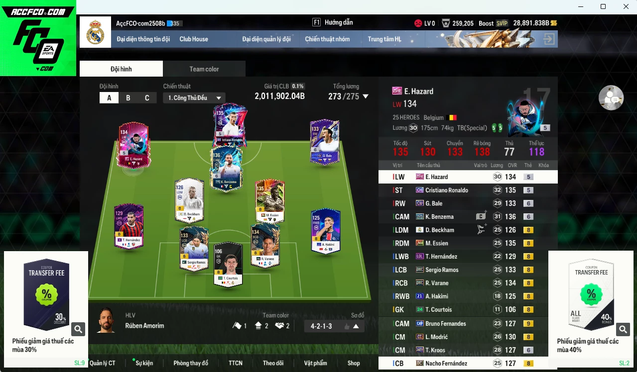 [ACC Rẻ🔥] Real Madrid 2.011.900b dư 28.800b có CR7 CH (hiếm, bù) , Varane BWC, Ramos BWC, Benzema 25TS+6, Essien JNM, Beckham RMA, Modric CC, Bale CU+6, Kroos 24TY+6, Hazard 25HR, Nacho DC, Hakimi 21UCL... HLV Xịn